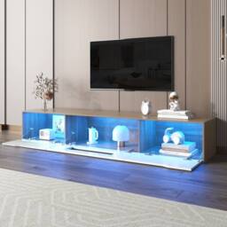 HomeTouch Floating Modern High Gloss TV Unit with Wood Top & LED Lights in White - Size: 1 Pack - thumbnail 4