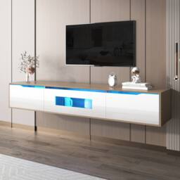 HomeTouch Floating Modern High Gloss TV Unit with Wood Top & LED Lights in White - Size: 1 Pack - thumbnail 3