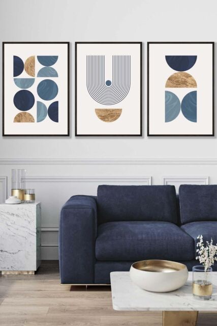 ARTZE Mid Century Geometric in Blue & Gold Framed Wall Art - Large in Black - Size: W53 cm x H73 cm x D20mm - image 1