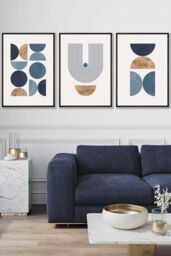 ARTZE Mid Century Geometric in Blue & Gold Framed Wall Art - Large in Black - Size: W53 cm x H73 cm x D20mm