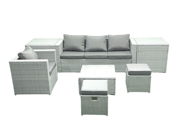Fimous Garden Outdoor Furniture Set 6 Seater Rattan Sofa Set with Big Footstool Armchair 2 Side Tables Light Grey Mixed - image 1