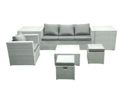 Fimous Garden Outdoor Furniture Set 6 Seater Rattan Sofa Set with Big Footstool Armchair 2 Side Tables Light Grey Mixed - thumbnail 1