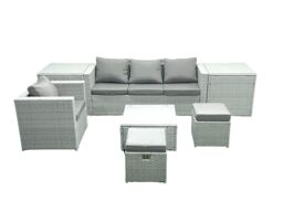 Fimous Garden Outdoor Furniture Set 6 Seater Rattan Sofa Set with Big Footstool Armchair 2 Side Tables Light Grey Mixed - thumbnail 2