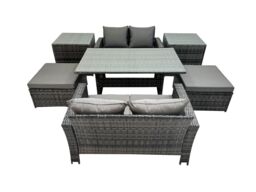 Fimous 6 Seater Outdoor Table Double Seat Sofa 2 Side Table 2 Big Stools Set in Dark Grey - thumbnail 2