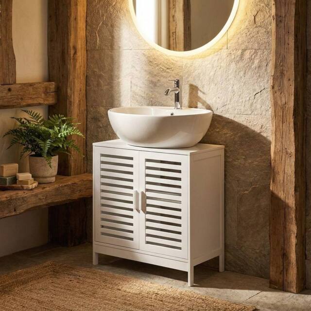 Wyld and Coco White Bamboo Washbasin Cabinet - Minimalist Bathroom Storage - image 1