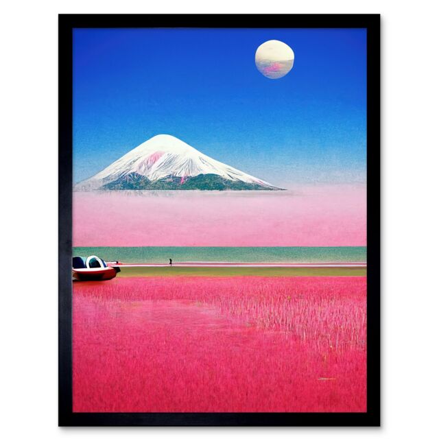 "Artery8 Wall Art Print Surrealist Japan Mount Fuji Landscape Painting Art Framed in Black - Size: W12"" x H16""" - image 1