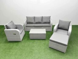 Fimous PE Rattan Garden Furniture Set Reclining Chair Sofa Lounge Sofa Set Oblong Coffee Table Big Footstool Light Grey - thumbnail 2