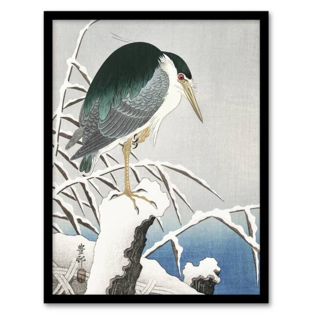 "Artery8 Heron In Snow Vintage Bird Ukiyo E Japanese Framed Wall Art Print Koson in Green - Size: W12"" x H16""" - image 1