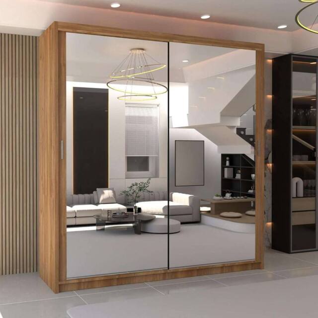 MN Furniture Double Mirror Sliding Door Wardrobe W203cm x H217cm in Dark Brown - Size: 1 Pack - image 1