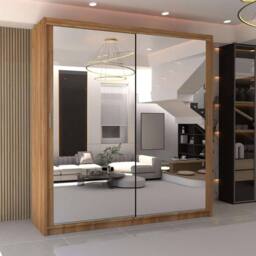 MN Furniture Double Mirror Sliding Door Wardrobe W203cm x H217cm in Dark Brown - Size: 1 Pack - thumbnail 1