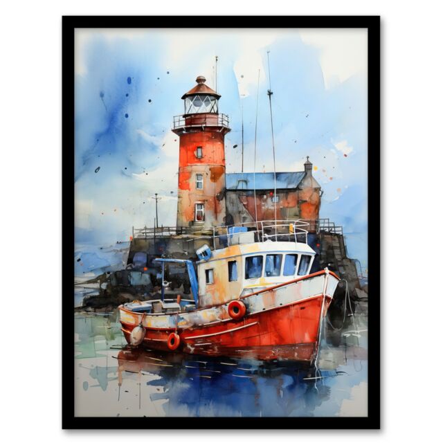 Artery8 Scottish Harbour Fishing Boats Lighthouse Modern Watercolour Artwork Blue & Red Art Print Framed Poster Wall Decor in Black - Size: A4 - image 1