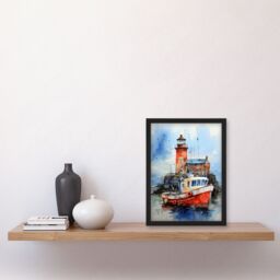 Artery8 Scottish Harbour Fishing Boats Lighthouse Modern Watercolour Artwork Blue & Red Art Print Framed Poster Wall Decor in Black - Size: A4 - thumbnail 4