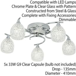 Loops Semi Flush Ceiling Light Chrome Textured Glass 5 Bulb Hanging Pendant Lamp Shade in Clear - thumbnail 2