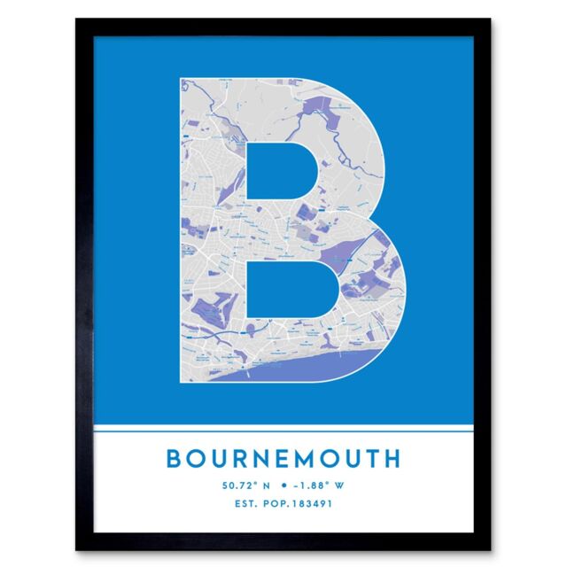"Wee Blue Coo Wall Art Print Bournemouth England United Kingdom City Map Modern Typography Stylish Letter Framed Word in Blue - Size: W12"" x H16""" - image 1