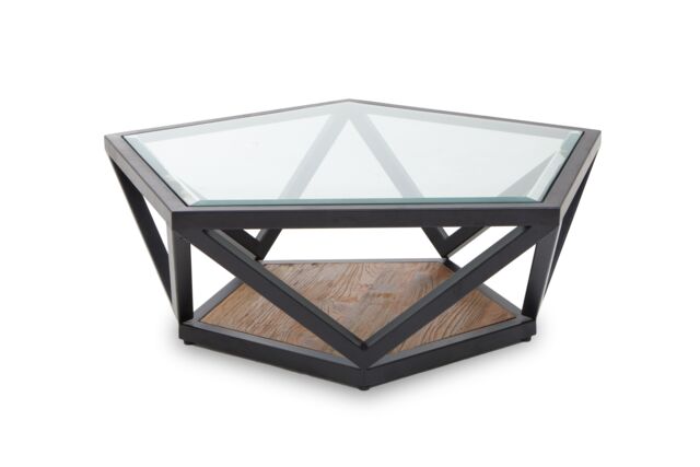 Orsina Pentagon Coffee Table, Unique Pentagon Tempered Glass Top with Bronze-Finish Metal Scalloped Frame in Black - image 1