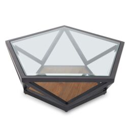 Orsina Pentagon Coffee Table, Unique Pentagon Tempered Glass Top with Bronze-Finish Metal Scalloped Frame in Black - thumbnail 4