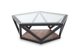 Orsina Pentagon Coffee Table, Unique Pentagon Tempered Glass Top with Bronze-Finish Metal Scalloped Frame in Black