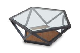 Orsina Pentagon Coffee Table, Unique Pentagon Tempered Glass Top with Bronze-Finish Metal Scalloped Frame in Black - thumbnail 3