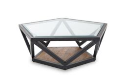 Orsina Pentagon Coffee Table, Unique Pentagon Tempered Glass Top with Bronze-Finish Metal Scalloped Frame in Black - thumbnail 6