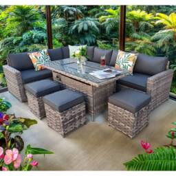 Furniture Maxi Barcelona Rattan Garden Furniture 9 Seater Corner Sofa Set with Fire pit Dining Table in Grey - thumbnail 2