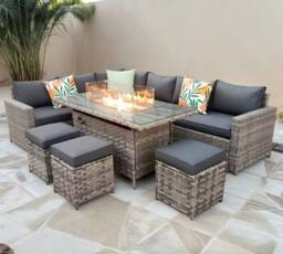 Furniture Maxi Barcelona Rattan Garden Furniture 9 Seater Corner Sofa Set with Fire pit Dining Table in Grey - thumbnail 1