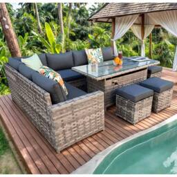 Furniture Maxi Barcelona Rattan Garden Furniture 9 Seater Corner Sofa Set with Fire pit Dining Table in Grey - thumbnail 3