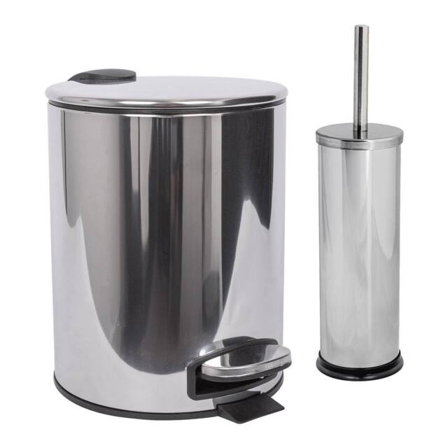 Harbour Housewares 5L Round Bathroom Bin & Brush Set - Slim Stainless Steel Bathroom Set in Silver - image 1