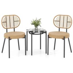 Gymax 3 Piece PE Wicker Patio Bistro Set with Glass Table & Rattan Chairs in Brown - thumbnail 1