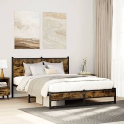 Berkfield Home Metal Bed Frame without Mattress Smoked Oak 140x190 cm in Brown - thumbnail 1
