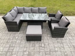 Fimous Outdoor Garden Furniture Set Wicker PE Rattan Height Adjustable Rising Lifting Table Sofa Dining Set with Big Footstool 2 Armchairs - thumbnail 2