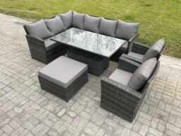 Fimous Outdoor Garden Furniture Set Wicker PE Rattan Height Adjustable Rising Lifting Table Sofa Dining Set with Big Footstool 2 Armchairs - thumbnail 1