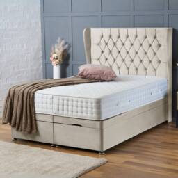 "BSSPOKE Amelia Ottoman Divan Bed Plush Velvet 54"" Headboard & Mattress in Cream - Size: Super King"