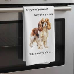Animal Crackers Dog Tea Towel With 'Watching You' Funny Wording - King Charles Spaniel in White - thumbnail 2