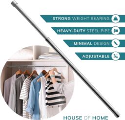 House of Home Extendable Wardrobe Pole 34-53CM Adjustable Rail Hanger Steel Heavy Duty Easy Assemble in Silver