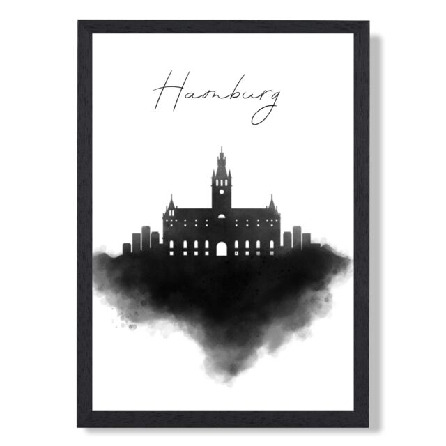 ARTZE Hamburg Watercolour Skyline City Framed Print SIZE: A2 with Black Frame - Size: A4 - image 1