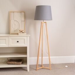 ValueLights Lottie Natural Wood Tripod Floor Lamp with Fabric Tapered Shade in Grey - thumbnail 3