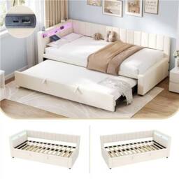 BTM Velvet Daybed with LED Lights, Charging Station, & Trundle in Beige - Size: Single - thumbnail 2