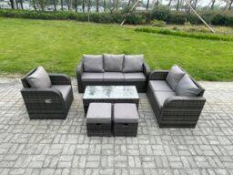 Fimous 8 Seater High Back Rattan Garden Furniture Set w/ Loveseat Sofa Rectangular Coffee Table 2 Small Footstools Indoor Outdoor Patio Lounge Sofa - thumbnail 1