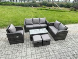 Fimous 8 Seater High Back Rattan Garden Furniture Set w/ Loveseat Sofa Rectangular Coffee Table 2 Small Footstools Indoor Outdoor Patio Lounge Sofa - thumbnail 2