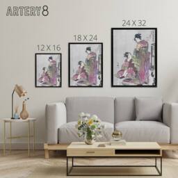 "Artery8 Husband & Wife Portrait Framed Canvas Wall Art Print Utamaro Kitagawa in Pink - Size: W12"" x H16""" - thumbnail 4