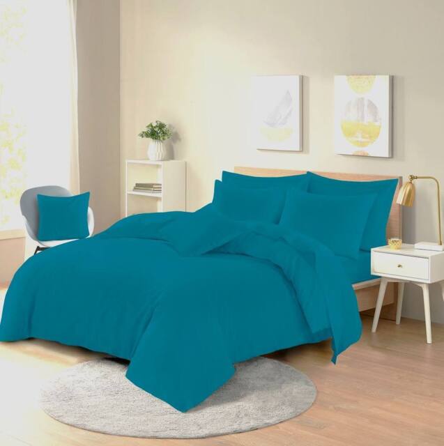 Homes-Linen Plain Dyed Polycotton Duvet Cover Set with Pillowcases in Teal - Size: Double - image 1