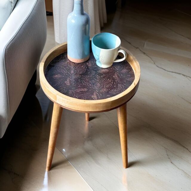 "Hartsmede Handmade Mango Wood Side Table Detachable 22"" Legs Intricate Metal Embossed in Bronze" - image 1