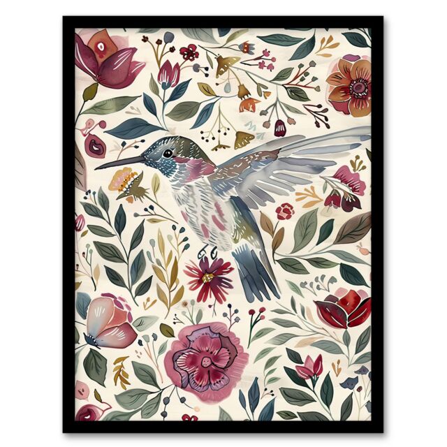 "Artery8 Hummingbird with Rustic Flower Pattern Muted Tones Framed Wall Art - Size: W12"" x H16""" - image 1