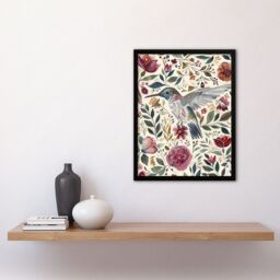 "Artery8 Hummingbird with Rustic Flower Pattern Muted Tones Framed Wall Art - Size: W12"" x H16""" - thumbnail 4