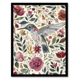 "Artery8 Hummingbird with Rustic Flower Pattern Muted Tones Framed Wall Art - Size: W12"" x H16""" - thumbnail 1