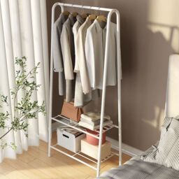 Living and Home Freestanding Metal Clothing Rack Garment Holder with 2-Tier Wire Shelf in White