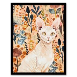 "Artery8 Sphynx Cat in Autumn Wildflowers Watercolour Framed Wall Art in Pink - Size: W12"" x H16""" - thumbnail 1