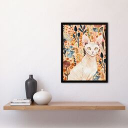 "Artery8 Sphynx Cat in Autumn Wildflowers Watercolour Framed Wall Art in Pink - Size: W12"" x H16""" - thumbnail 4