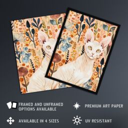 "Artery8 Sphynx Cat in Autumn Wildflowers Watercolour Framed Wall Art in Pink - Size: W12"" x H16""" - thumbnail 2