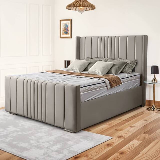 UK Bed Furniture Balmoral Wingback Upholstered Bed with 48 Inch Headboard Slatted Base in Light Brown - Size: Single - image 1